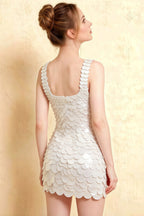 Back of LVLVS Caroline White Sequin Bodycon Mini Dress with Square Neckline for Semi - Formal Wedding Guest