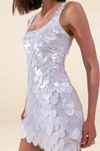 Close Up of LVLVS Caroline White Sequin Bodycon Mini Dress with Square Neckline for Club Dance