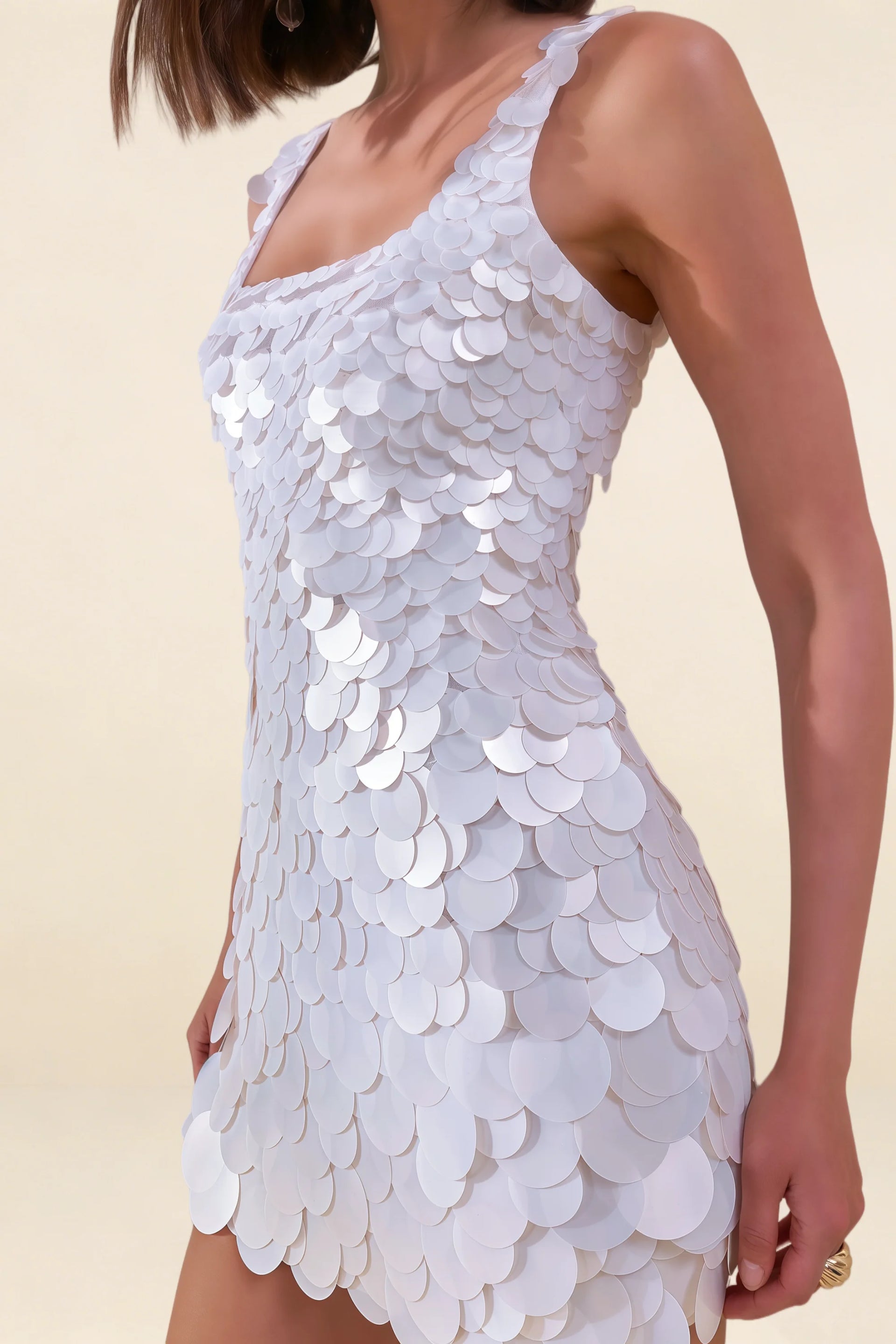 Close Up of LVLVS Caroline White Sequin Bodycon Mini Dress with Square Neckline for Club Dance