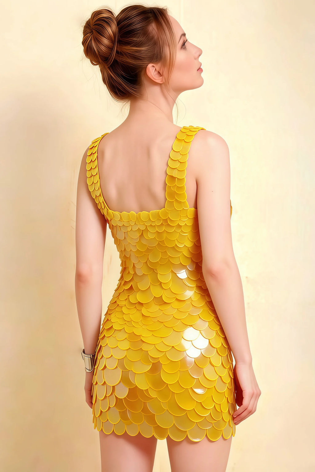 Side back view of LVLVS Caroline yellow sequin bodycon mini dress with square neckline for semi-formal event
