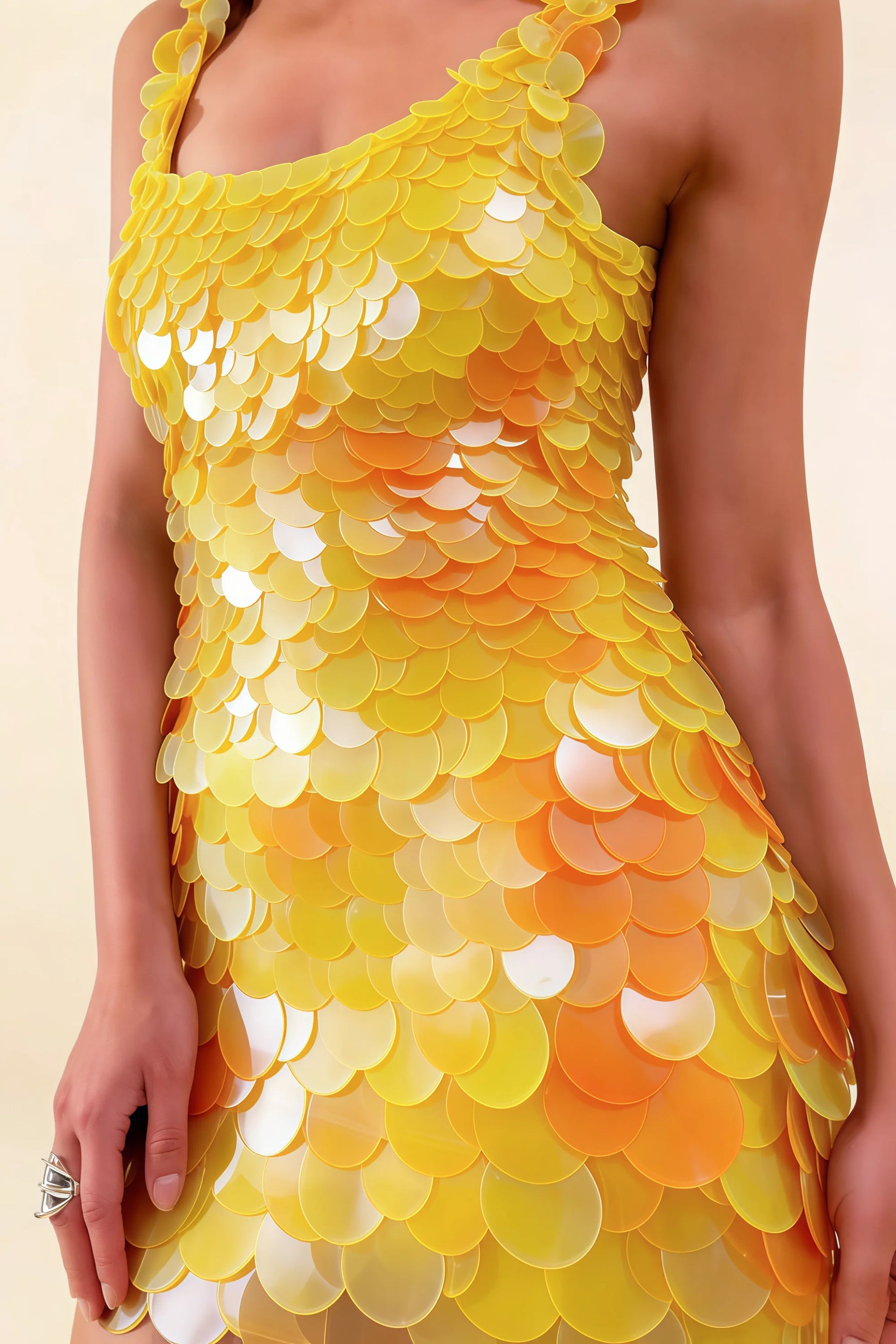 Detail shot of LVLVS Caroline yellow sequin bodycon mini dress with square neckline for party