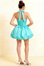 Carolyn Aqua Lace-up Halter Mini Dress with Ruching