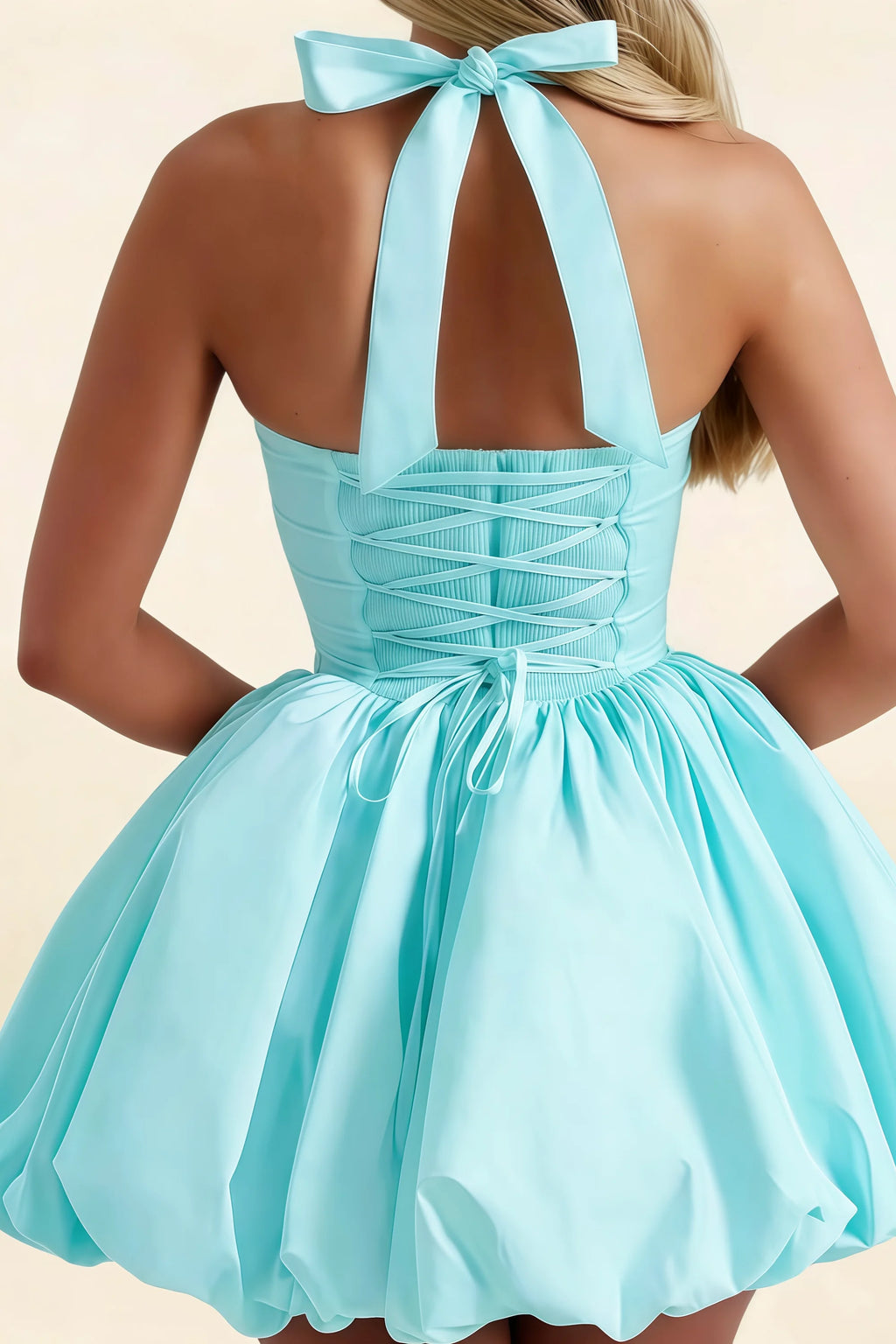 Carolyn Aqua Lace-up Halter Mini Dress with Ruching