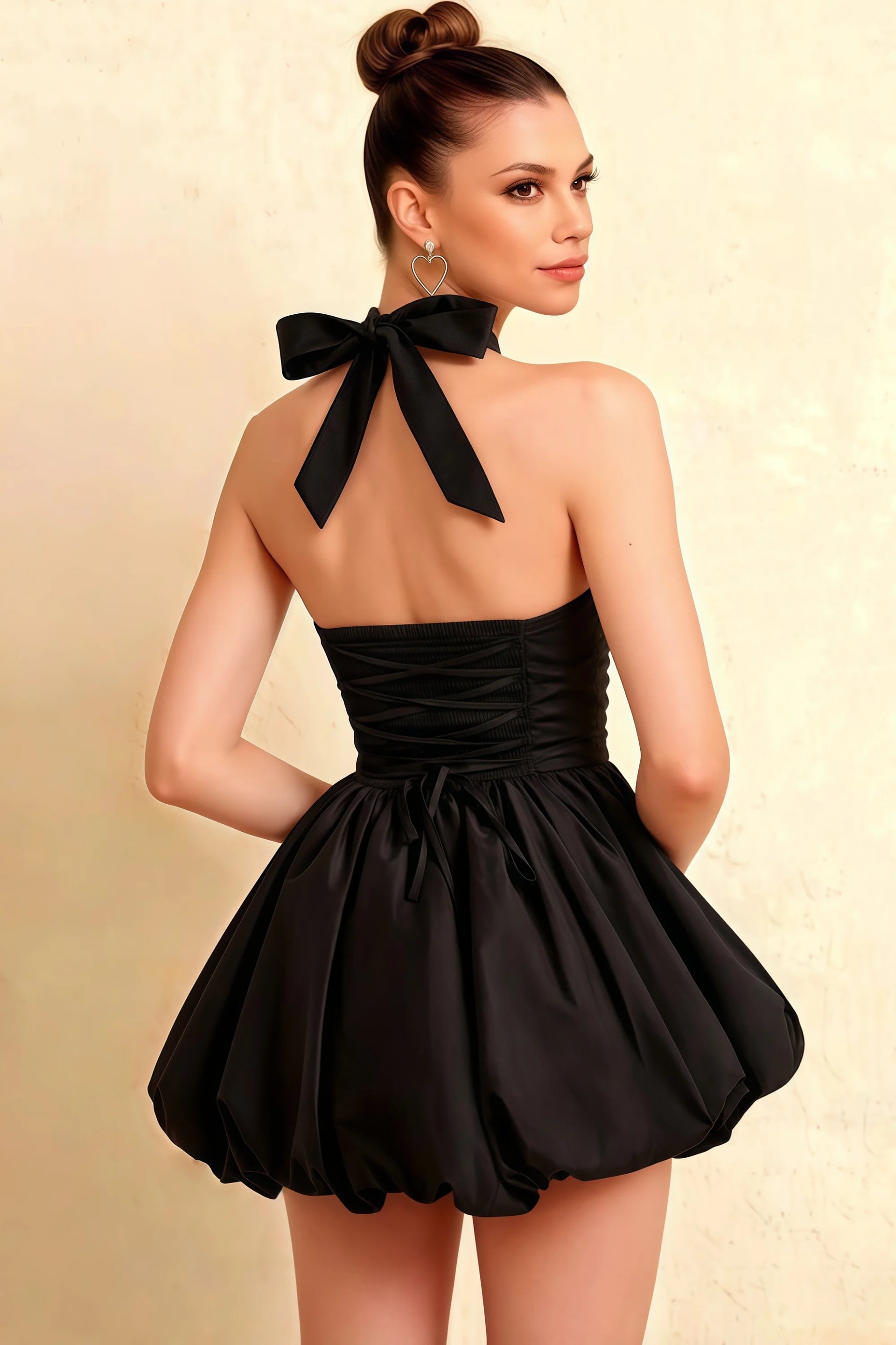 Carolyn Black Lace-up Halter Mini Dress with Ruching