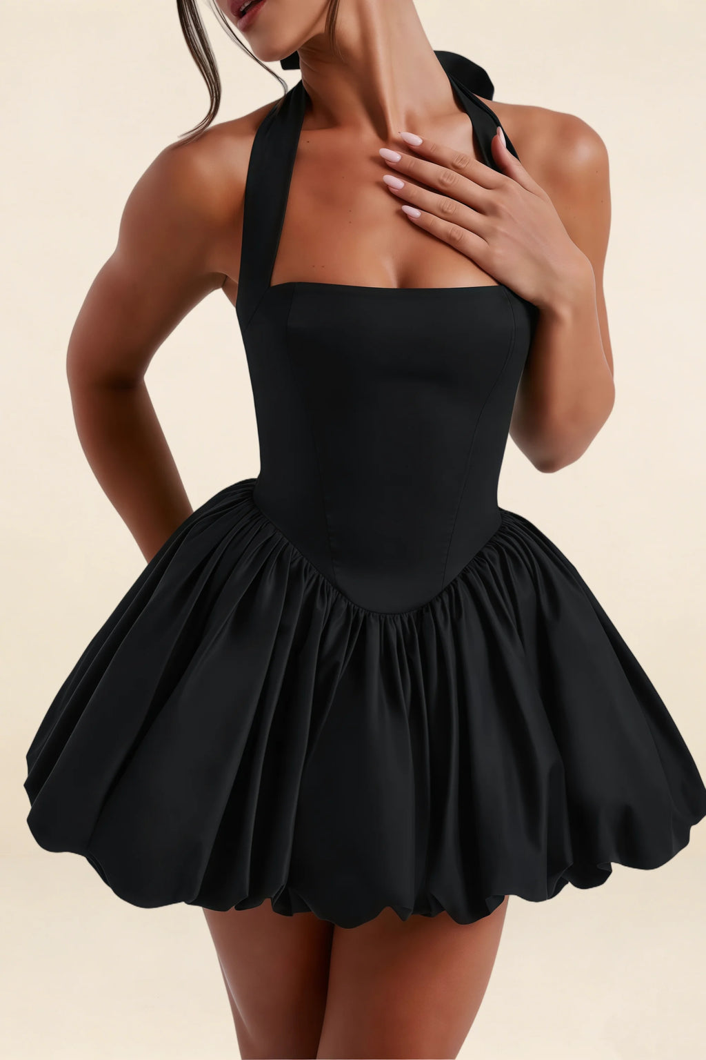 Carolyn Black Lace-up Halter Mini Dress with Ruching