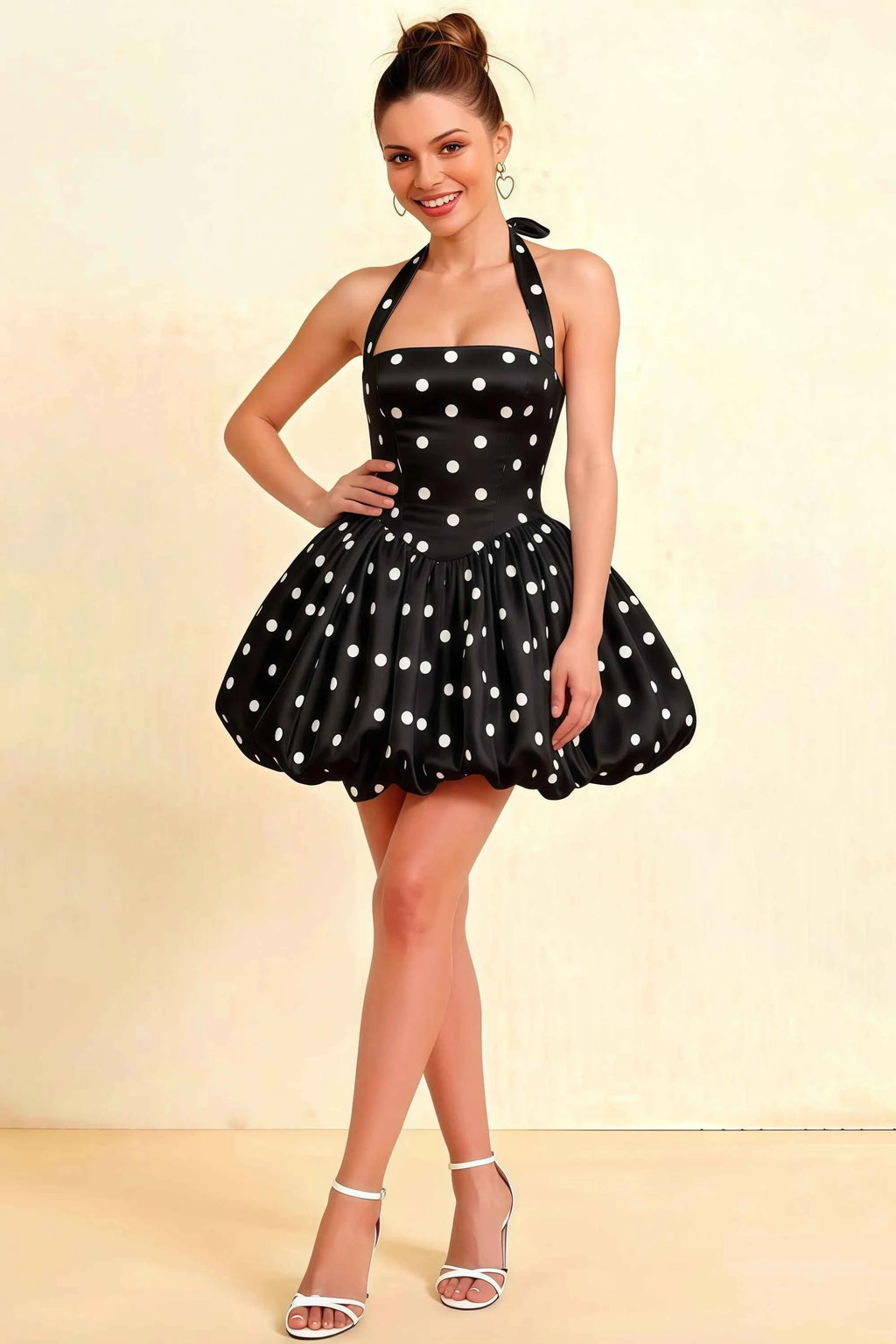 Carolyn Black Polka Dot Lace-up Halter Mini Dress with Ruching