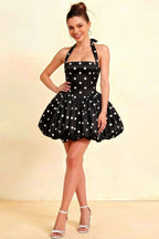 Carolyn Black Polka Dot Lace-up Halter Mini Dress with Ruching