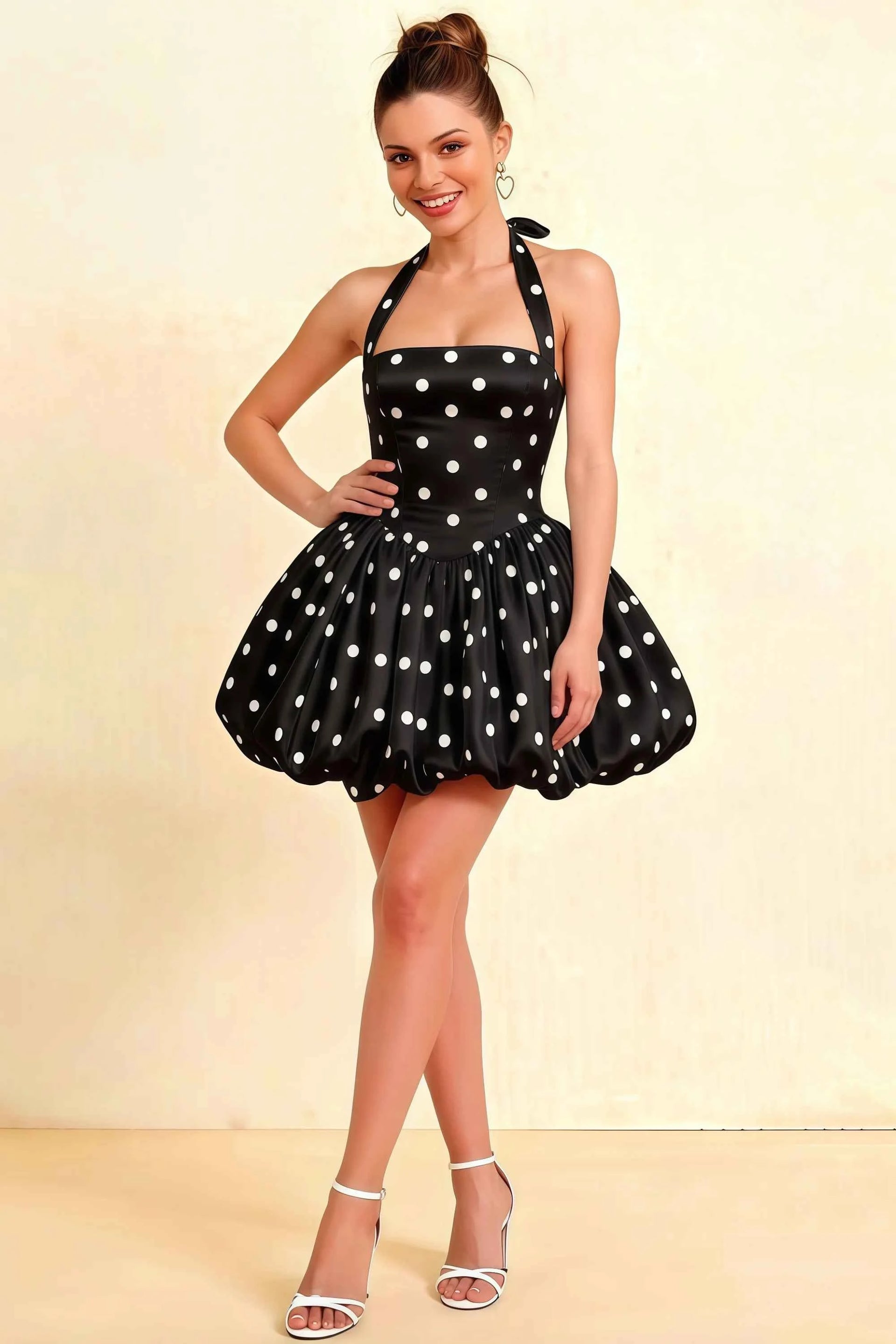Carolyn Black Polka Dot Lace-up Halter Mini Dress with Ruching