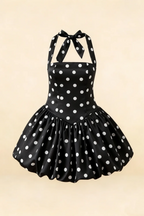 Carolyn Black Polka Dot Lace-up Halter Mini Dress with Ruching