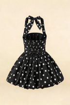 Carolyn Black Polka Dot Lace-up Halter Mini Dress with Ruching