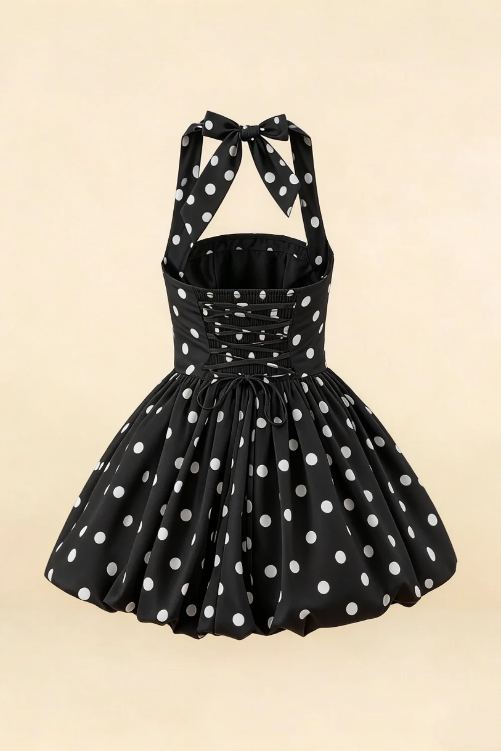 Carolyn Black Polka Dot Lace-up Halter Mini Dress with Ruching