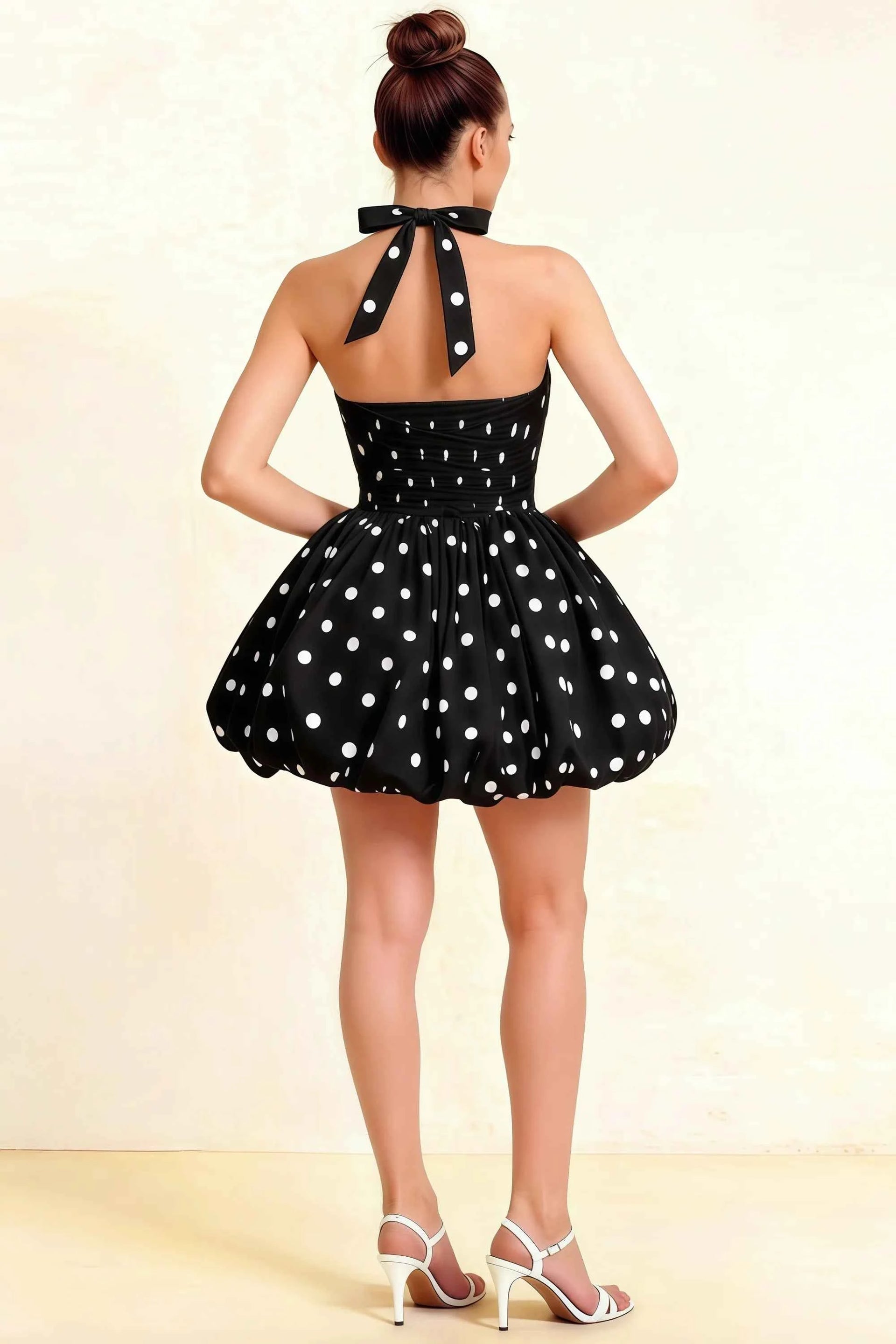 Carolyn Black Polka Dot Lace-up Halter Mini Dress with Ruching
