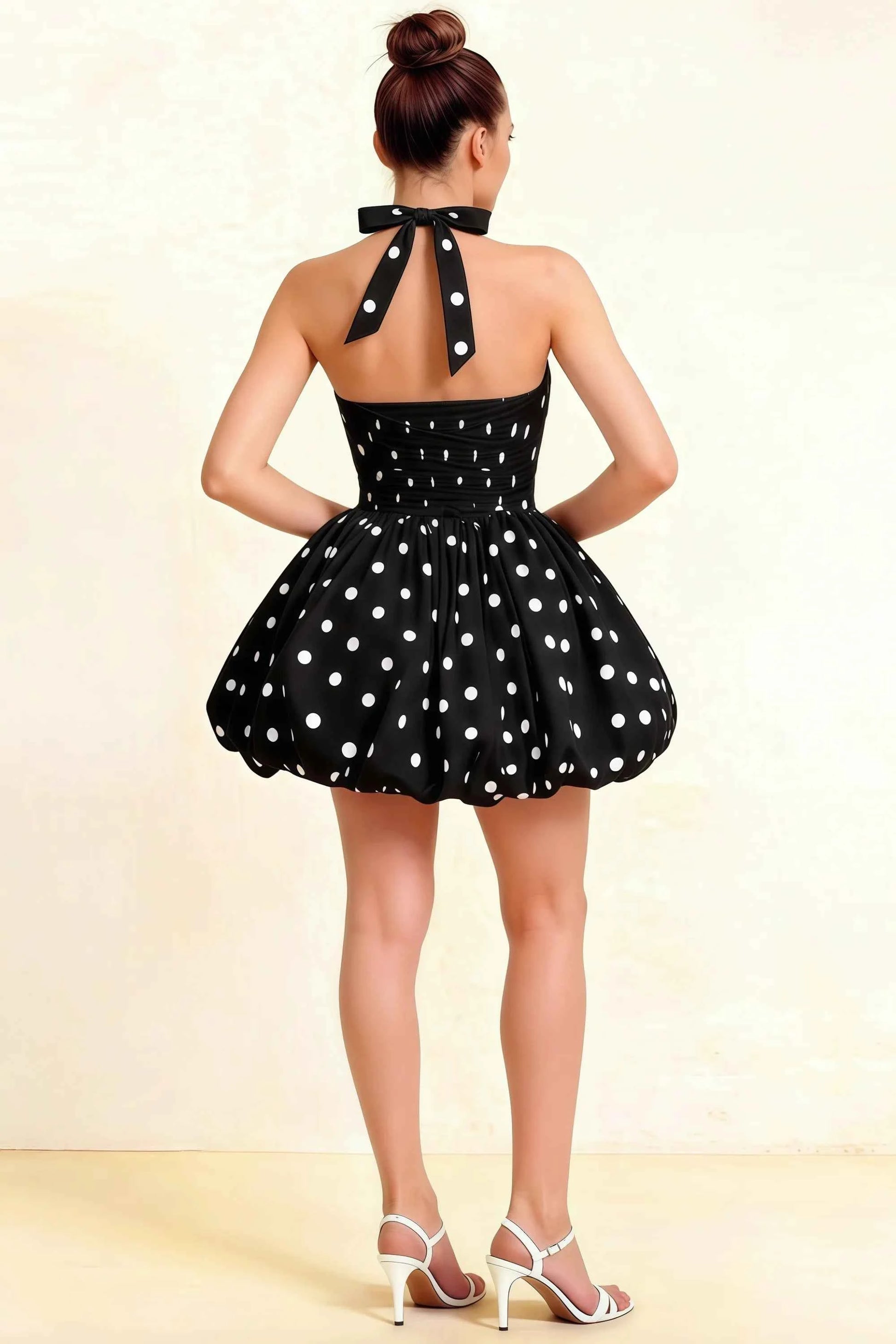 Carolyn Black Polka Dot Lace-up Halter Mini Dress with Ruching