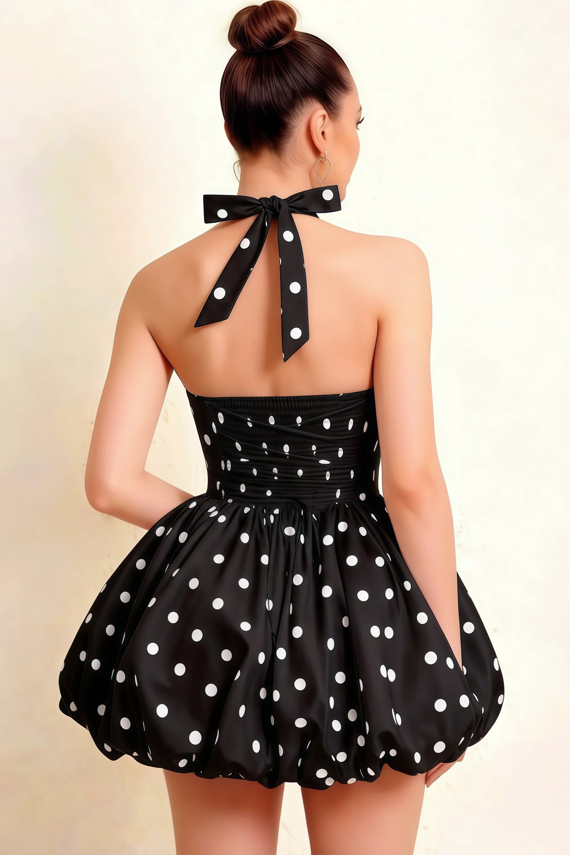 Carolyn Black Polka Dot Lace-up Halter Mini Dress with Ruching