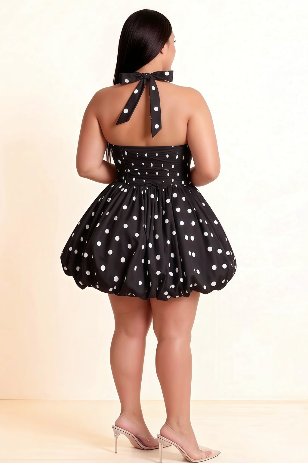 Carolyn Black Polka Dot Lace-up Halter Mini Dress with Ruching