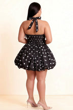 Carolyn Black Polka Dot Lace-up Halter Mini Dress with Ruching