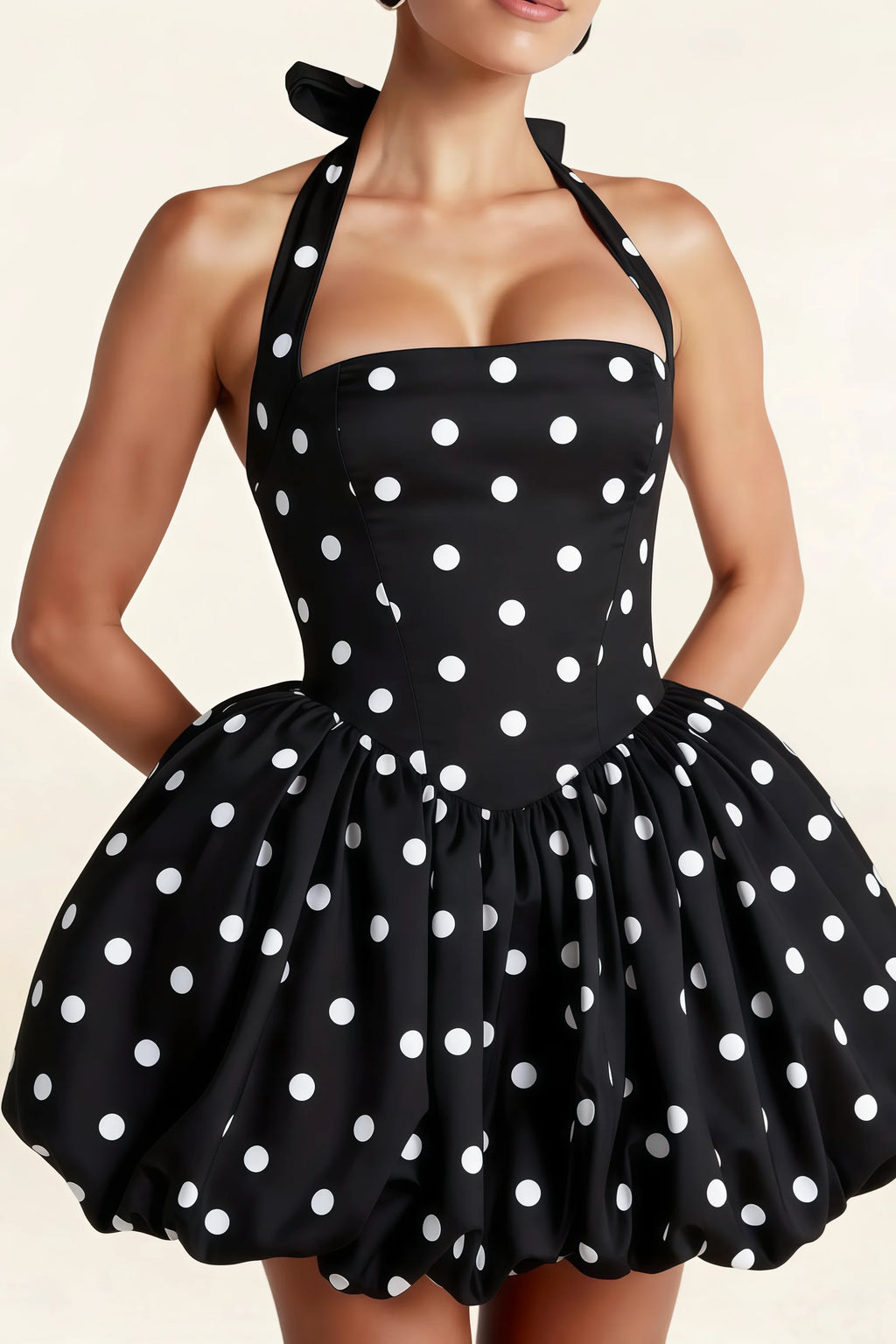 Carolyn Black Polka Dot Lace-up Halter Mini Dress with Ruching