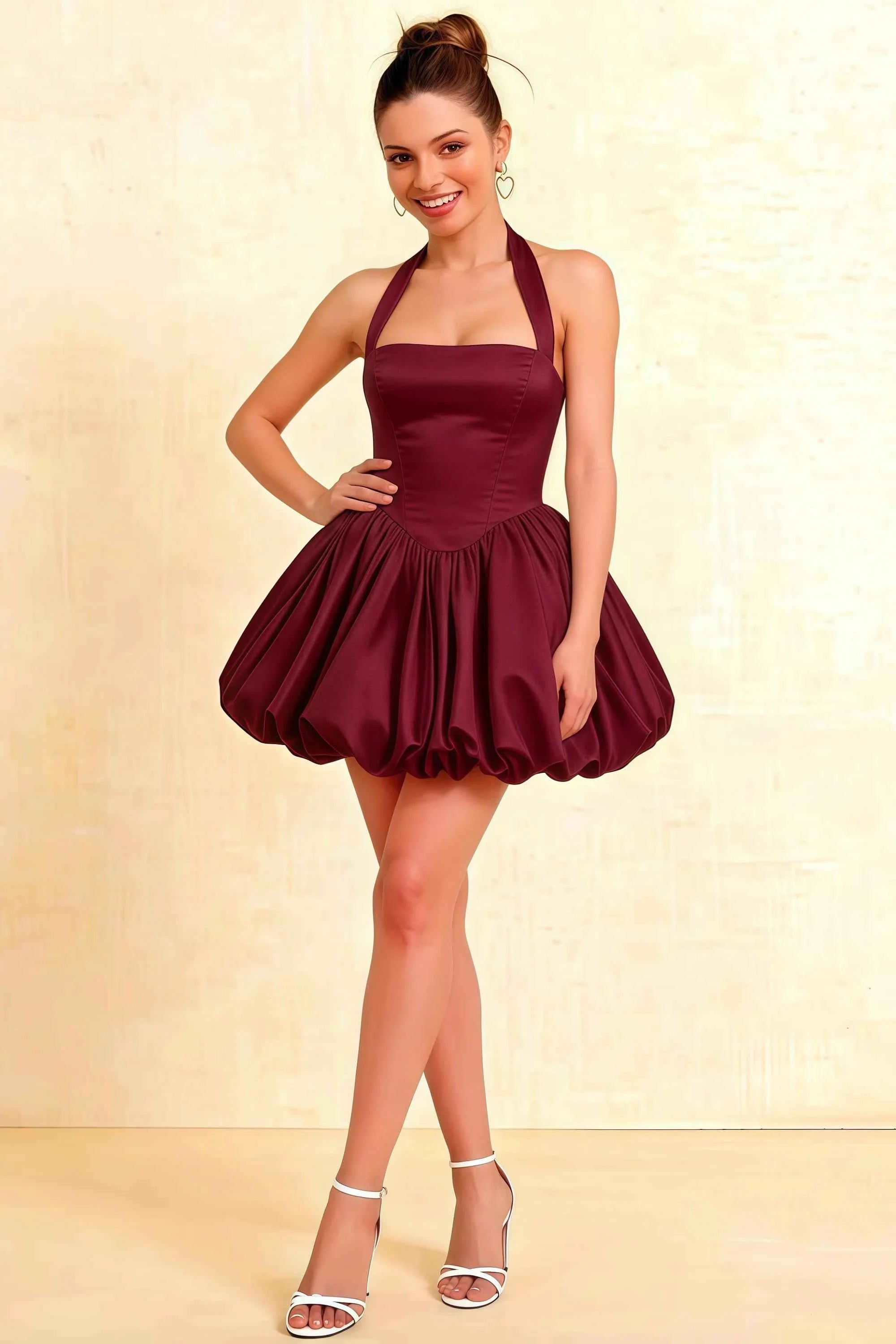 LVLVS Carolyn Burgundy Lace-Up Halter Mini Dress with Ruching for Cocktail Party & Prom - Stretch Cotton Poplin Sweetheart Neckline Short Formal Dress Imagen principal del producto