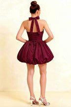 Carolyn Burgundy Lace-up Halter Mini Dress with Ruching