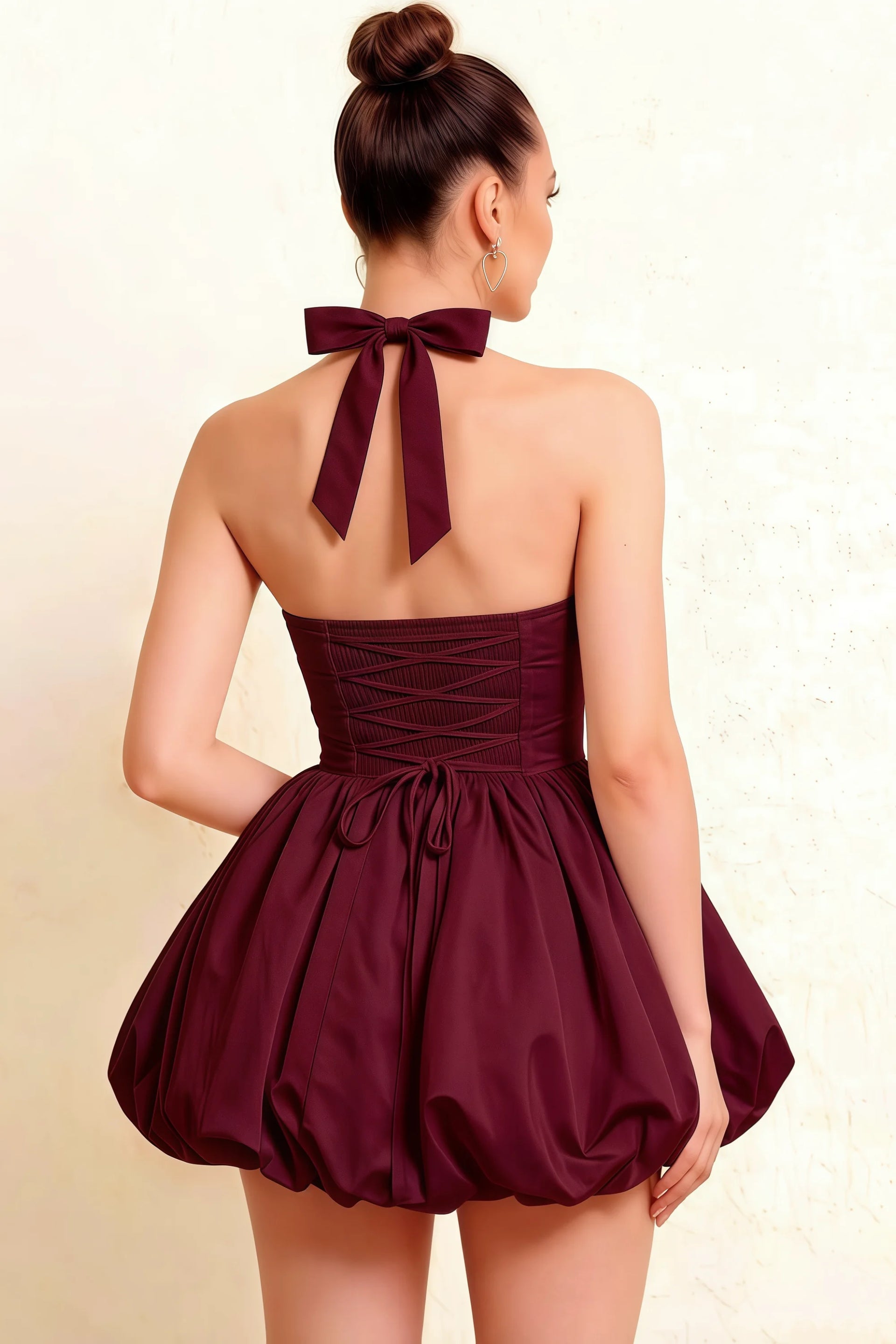 Carolyn Burgundy Lace-up Halter Mini Dress with Ruching