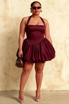 Carolyn Burgundy Lace-up Halter Mini Dress with Ruching