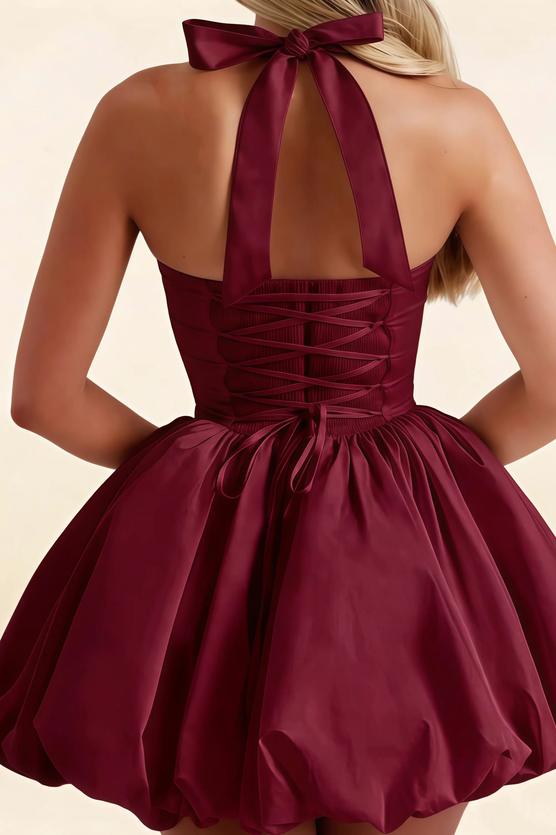 Carolyn Burgundy Lace-up Halter Mini Dress with Ruching