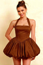 Carolyn Chocolate Lace-up Halter Mini Dress with Ruching