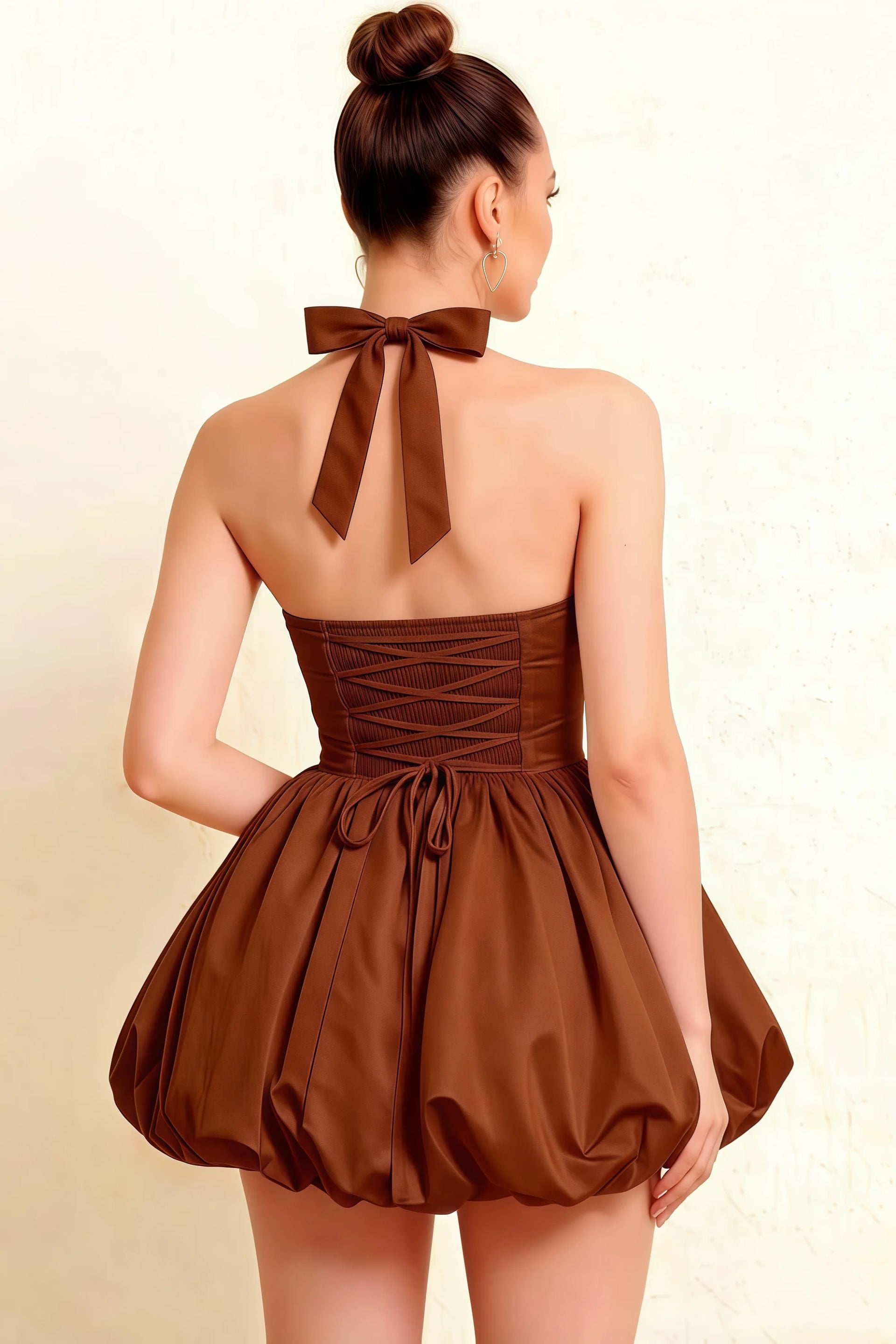 Carolyn Chocolate Lace-up Halter Mini Dress with Ruching
