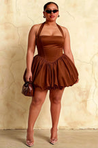 Carolyn Chocolate Lace-up Halter Mini Dress with Ruching