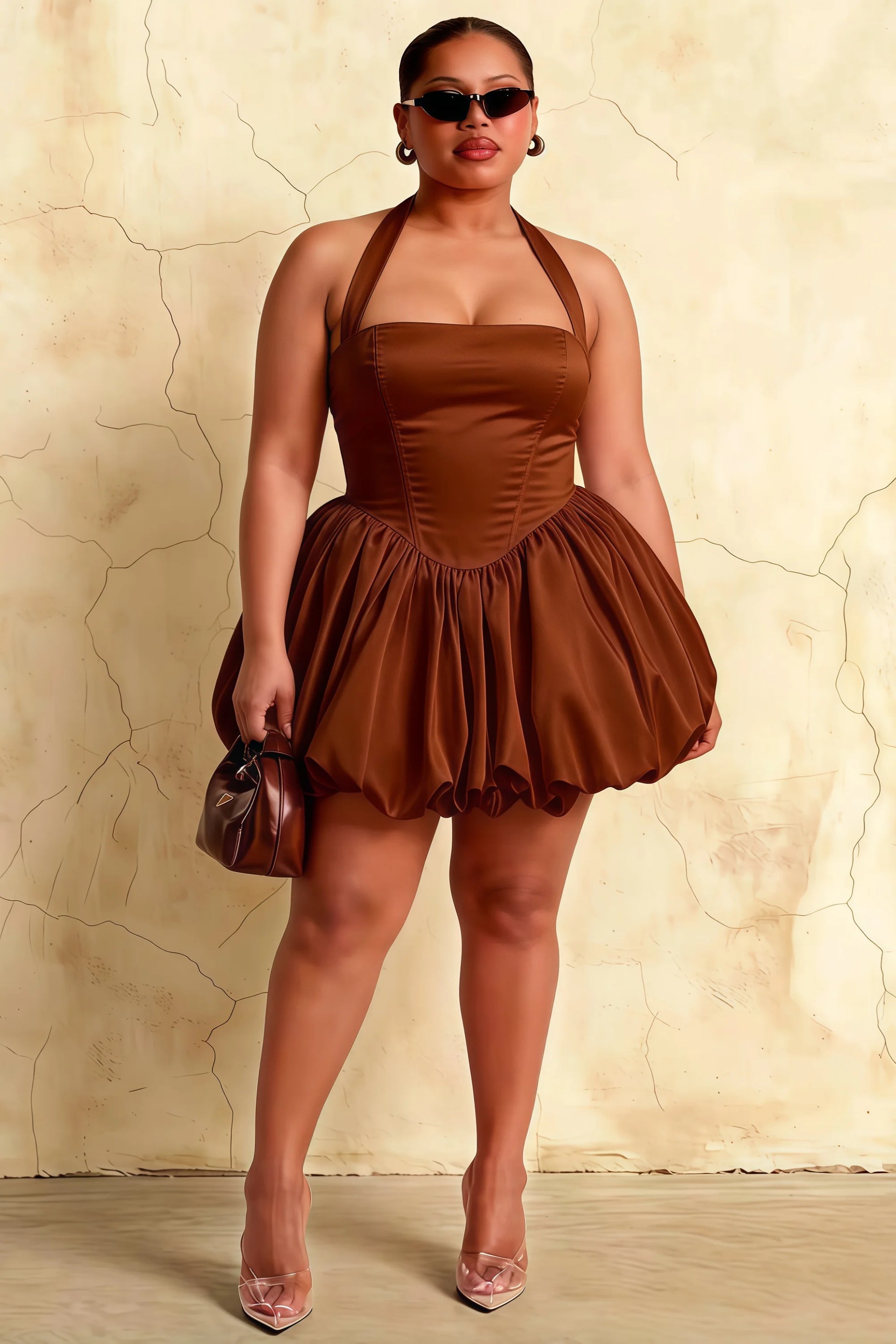 Carolyn Chocolate Lace-up Halter Mini Dress with Ruching