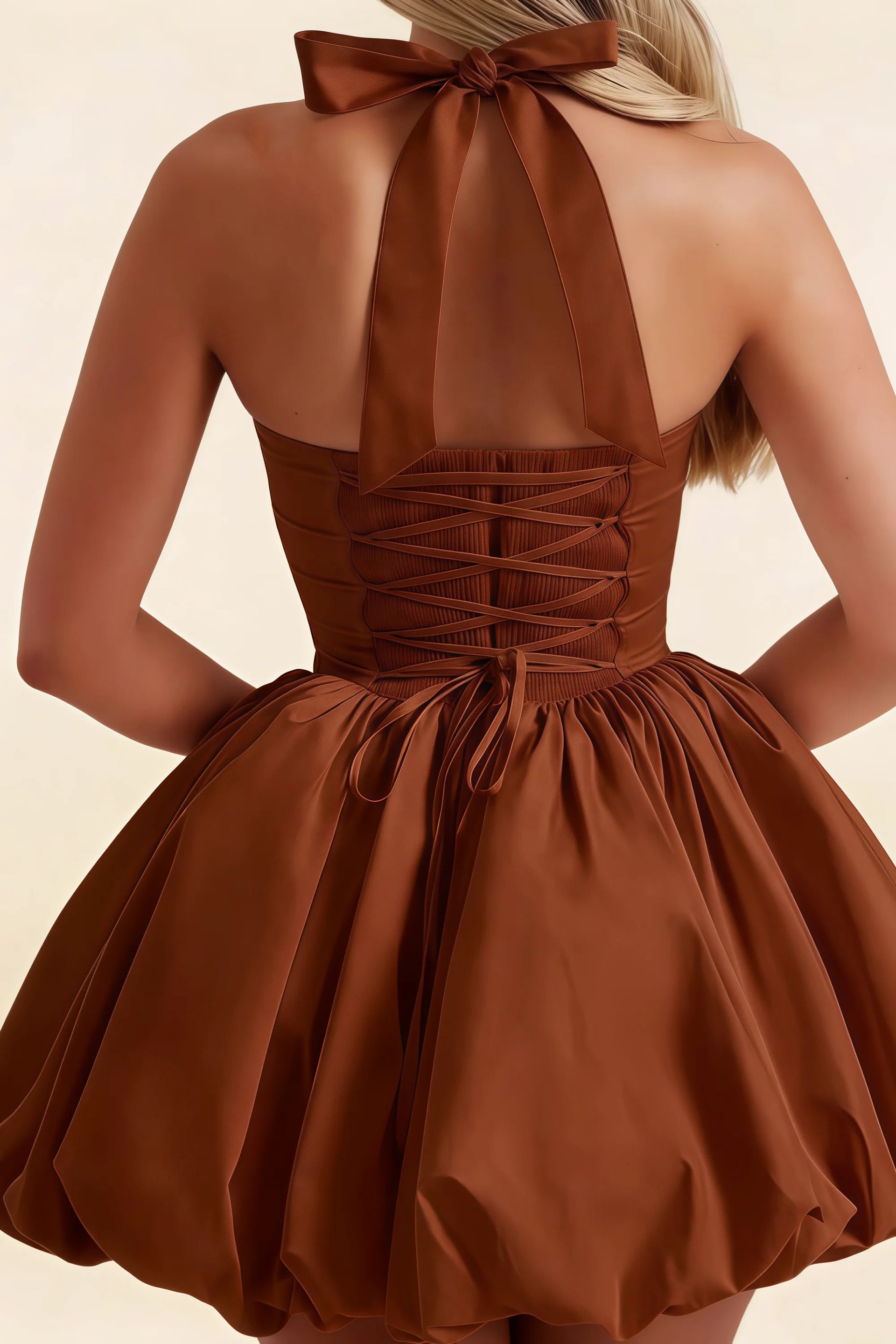 Carolyn Chocolate Lace-up Halter Mini Dress with Ruching
