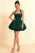 Carolyn Emerald Green Lace-up Halter Mini Dress with Ruching