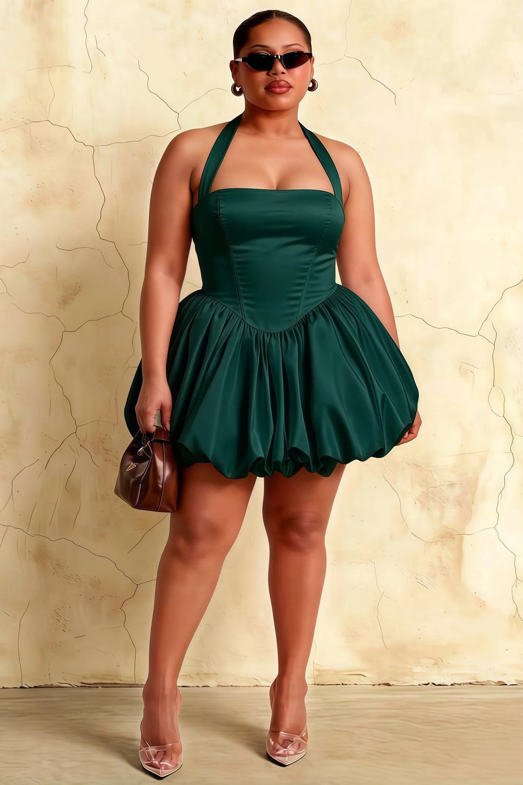 Carolyn Emerald Green Lace-up Halter Mini Dress with Ruching