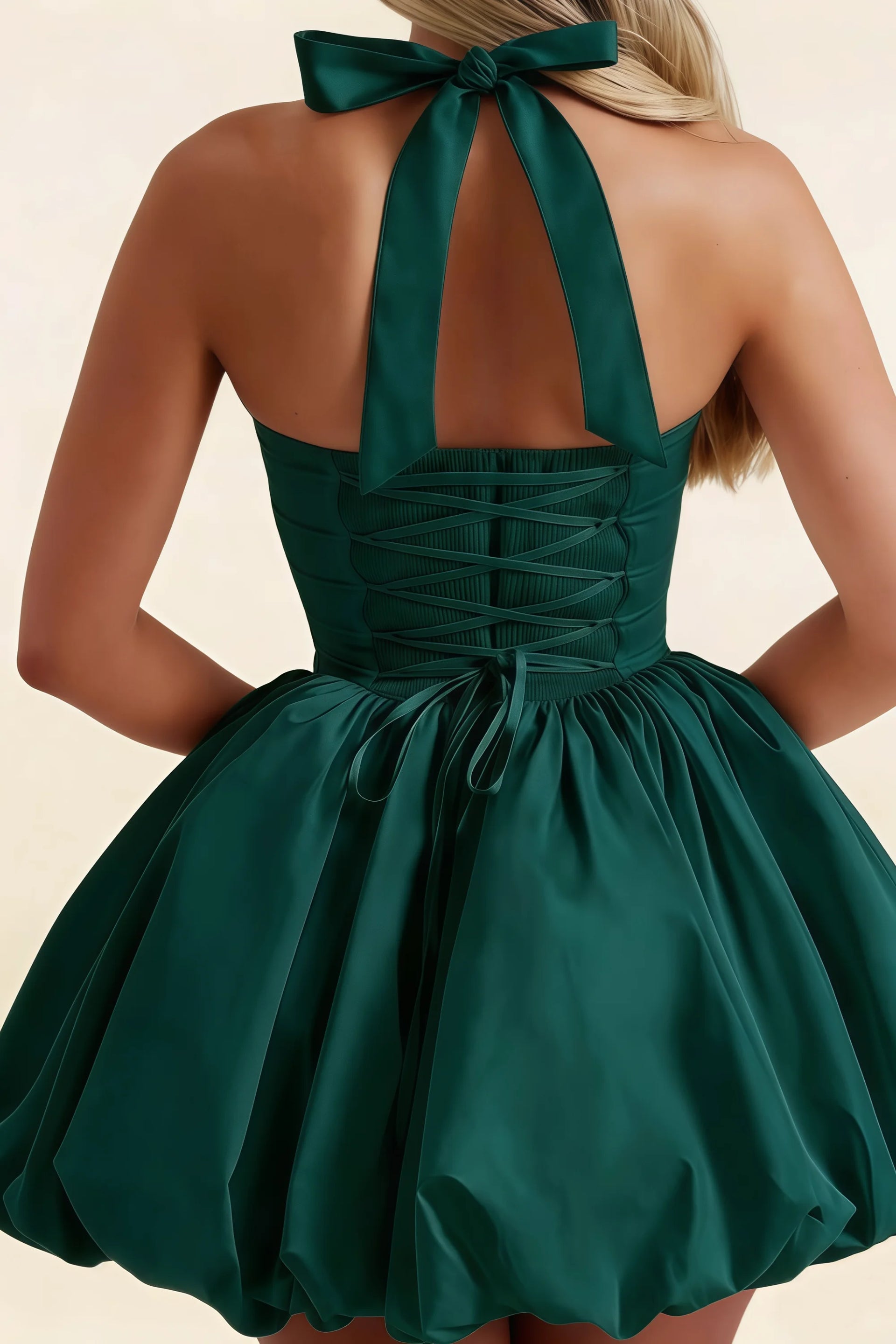 Carolyn Emerald Green Lace-up Halter Mini Dress with Ruching