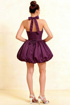 Carolyn Grape Lace-up Halter Mini Dress with Ruching