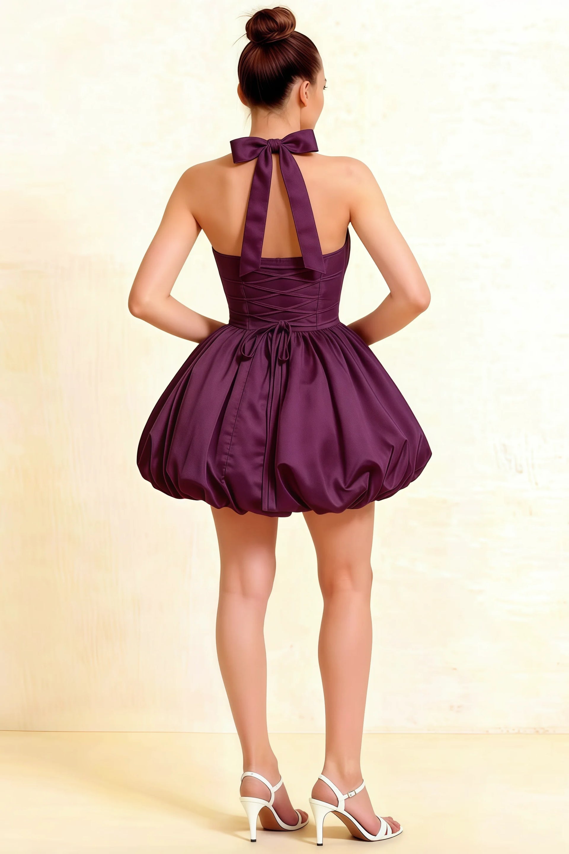 Carolyn Grape Lace-up Halter Mini Dress with Ruching