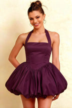 Carolyn Grape Lace-up Halter Mini Dress with Ruching