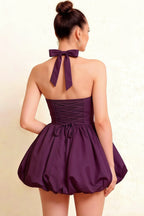 Carolyn Grape Lace-up Halter Mini Dress with Ruching