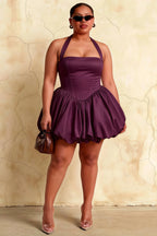 Carolyn Grape Lace-up Halter Mini Dress with Ruching