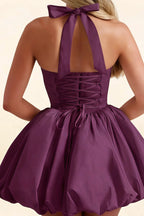 Carolyn Grape Lace-up Halter Mini Dress with Ruching