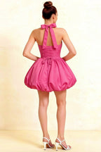 Carolyn Hot Pink Lace-up Halter Mini Dress with Ruching