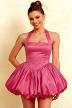 Carolyn Hot Pink Lace-up Halter Mini Dress with Ruching