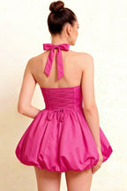 Carolyn Hot Pink Lace-up Halter Mini Dress with Ruching