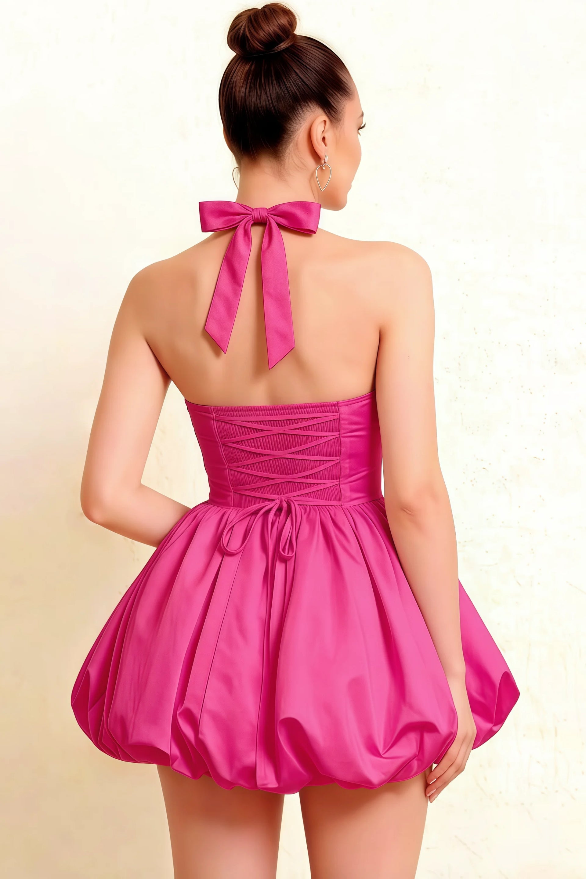 Carolyn Hot Pink Lace-up Halter Mini Dress with Ruching