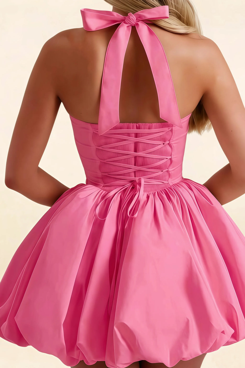 Carolyn Hot Pink Lace-up Halter Mini Dress with Ruching