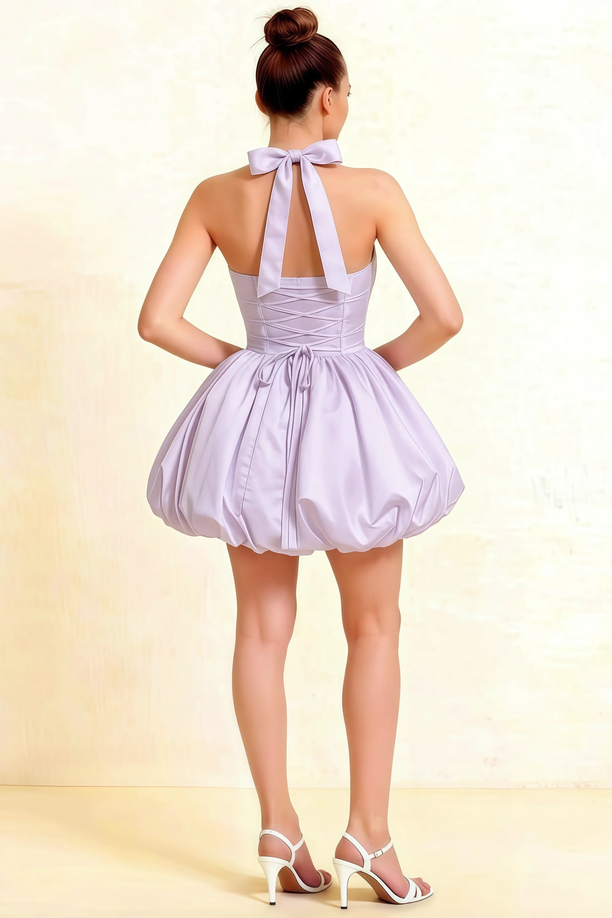Carolyn Lavender Lace-up Halter Mini Dress with Ruching Imagen secundaria del producto