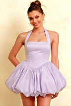 Carolyn Lavender Lace-up Halter Mini Dress with Ruching