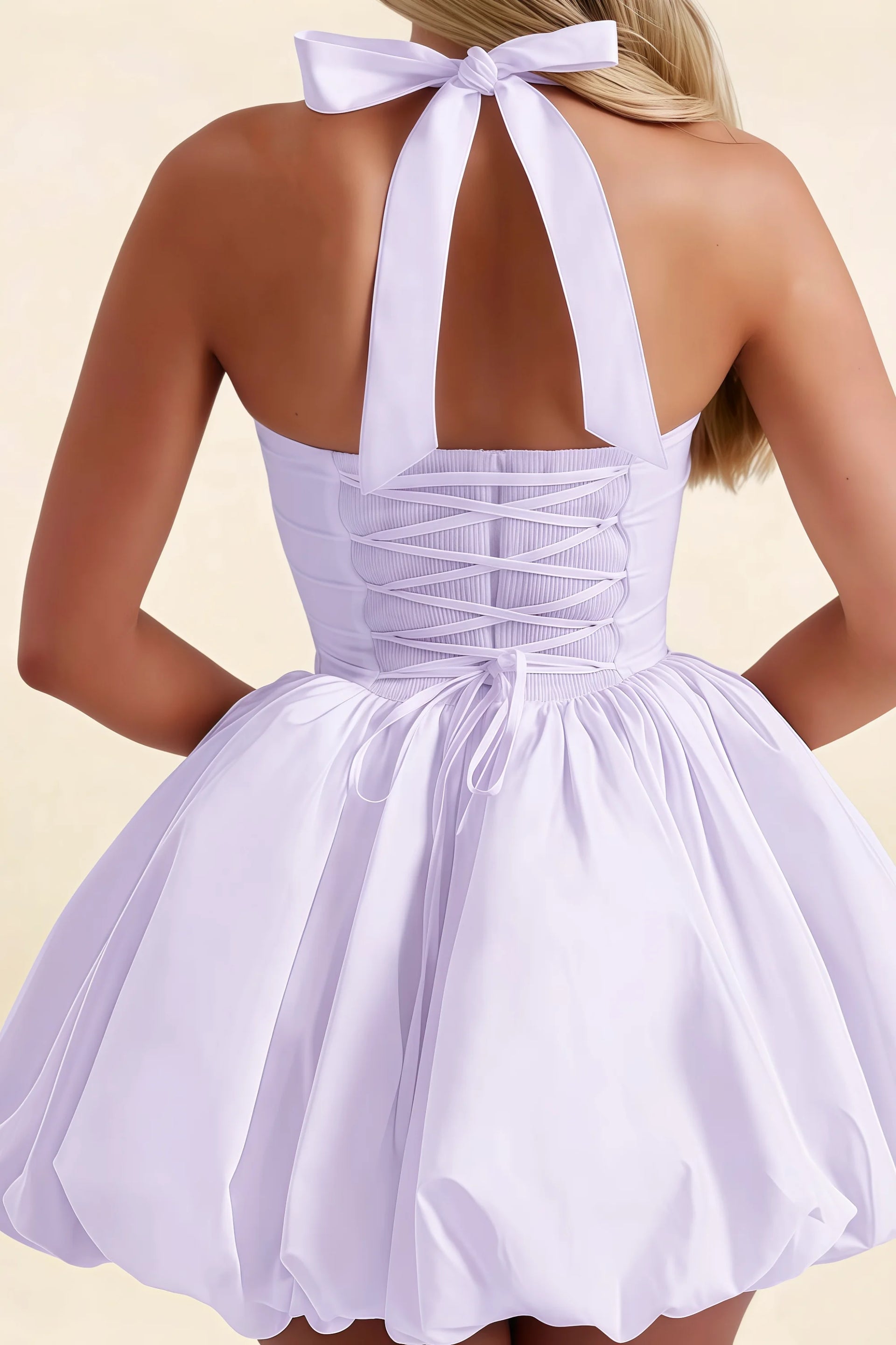 Carolyn Lavender Lace-up Halter Mini Dress with Ruching