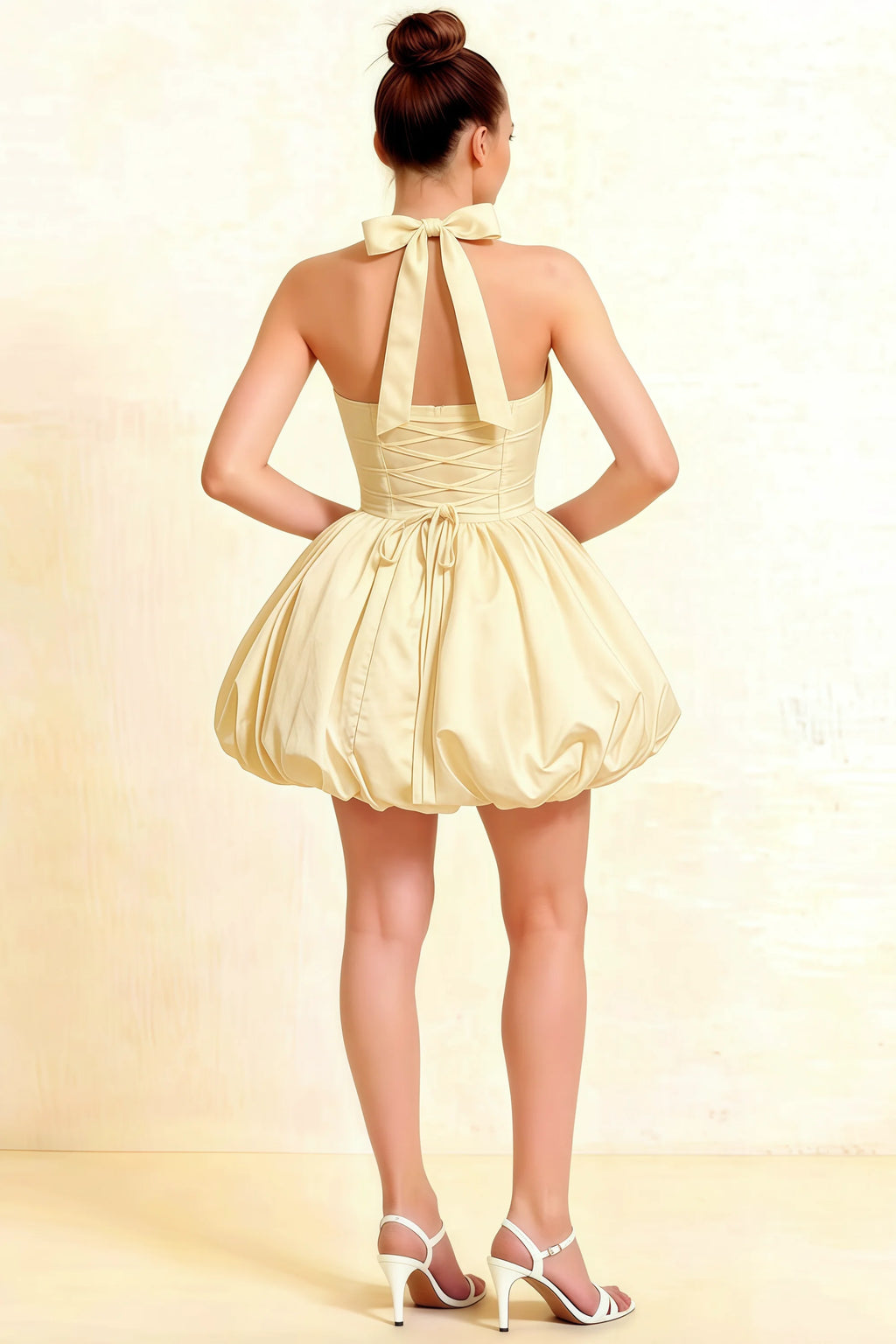 Carolyn Lemon Lace-up Halter Mini Dress with Ruching