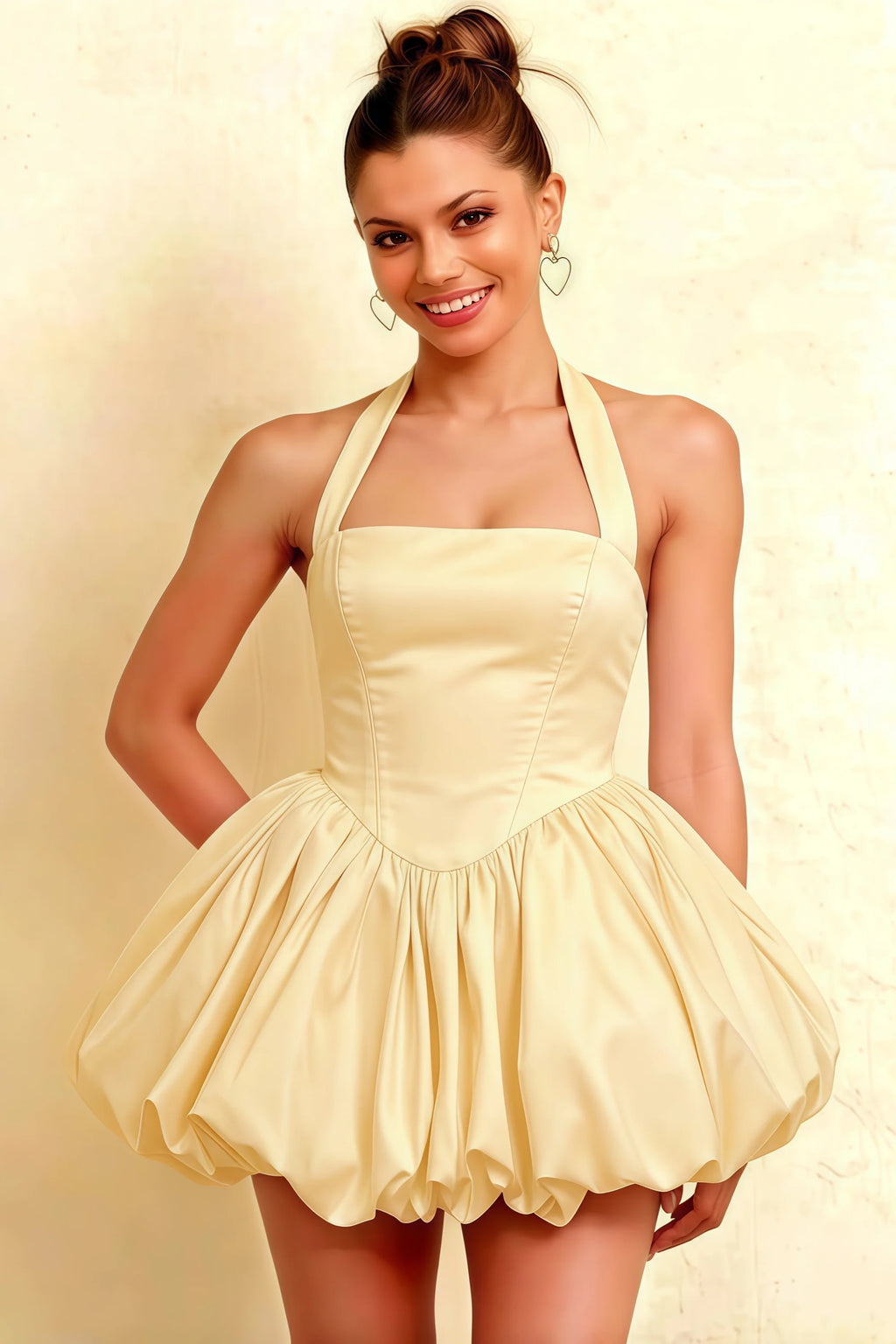 Carolyn Lemon Lace-up Halter Mini Dress with Ruching